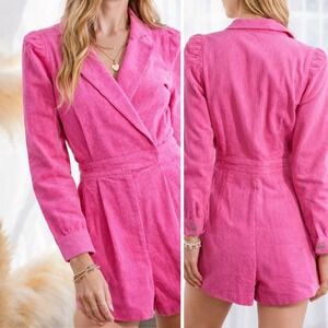 Day + Moon Pink Corduroy Long Sleeve Romper Blazer Style Cotton M